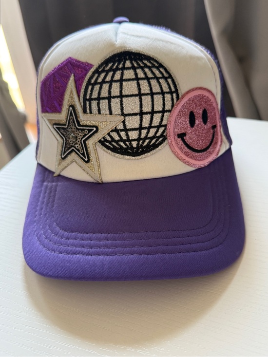 Accessories - Cheerful & Fun Purple White Patch Trucker Hat with Disco Globe & Smiley